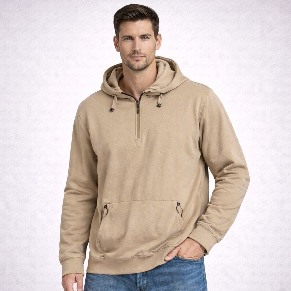 Spyder Hoodie Mens Medium Soft Fleece Pullover Sweater Beige Tan 1/4 Zip Pockets